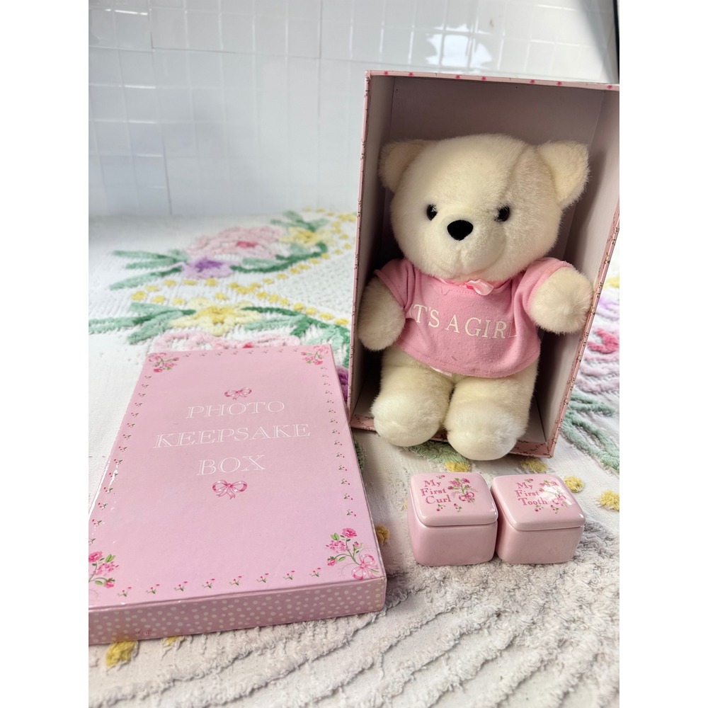 Baby Girl Keepsake Set Plush Bear Photo Box First Tooth & Curl Trinket Boxes
